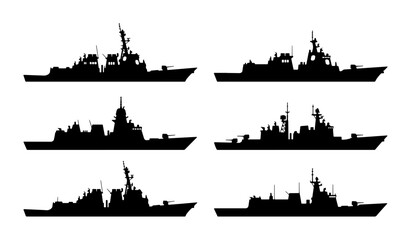 Modern Warship Silhouettes, Naval Destroyer Icons, Military Vessel Vector Set, Marine Combat Ship Graphics © Kabita