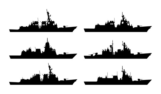 Modern Warship Silhouettes, Naval Destroyer Icons, Military Vessel Vector Set, Marine Combat Ship Graphics