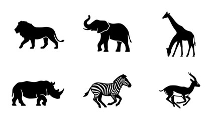African Safari Wildlife Silhouettes, Lion, Elephant, Giraffe, Rhino, Zebra, Antelope Icons © Kabita