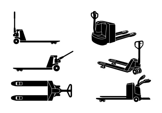 Pallet Jack Icons Set, Warehouse Equipment Vector Graphics, Logistics Transport Silhouettes