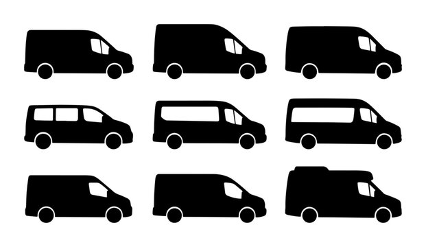 Diverse Van Silhouettes Collection, Commercial Vehicles Icons, Transportation Vector Set