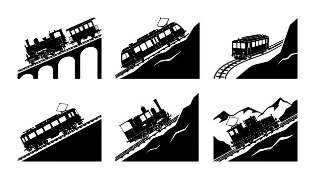 Funicular Railway Icons, Steep Hill Transport Vector Set, Mountain Ascent Traction Train Graphics