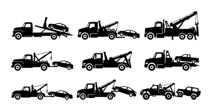 Tow Truck Icons Set, Vehicle Recovery Service, Roadside Assistance Graphics, Black Silhouette Vector Collection
