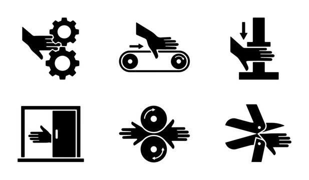 Industrial Safety Icons: Hand Protection, Machine Operation, Hazard Warnings, Vector Set