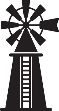 Vintage Windmill Silhouette Icon: Black Vector Illustration of Farmhouse Windmill for Agriculture and Bakery Logos.