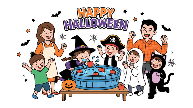 Halloween Fun: A festive family enjoys a traditional apple bobbing game during a lively Halloween celebration. Children in costumes like witches, pirates, and cats, along with their parents.
