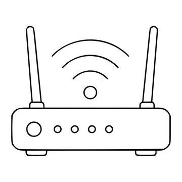 Minimalist vector icon of wireless router with antennas and signal waves, hand-drawn outline style, clean scalable design for digital interfaces, technology symbol, network connectivity illustration
