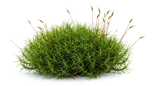 Neat dome of vibrant green haircap moss with tall reddish sporophyte stalks