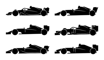 Obraz premium Formula 1 Race Cars, Speeding Motorsport Vehicles, Sleek Sports Car Silhouettes, Vector Set
