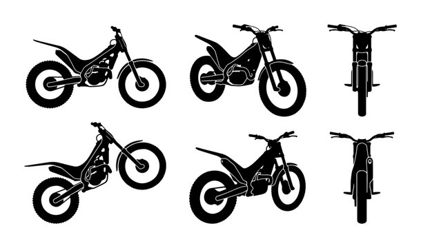 Motorcycle Icons Set, Trial Bike Silhouettes, Off-Road Vehicle Graphics, Extreme Sport Vector Art
