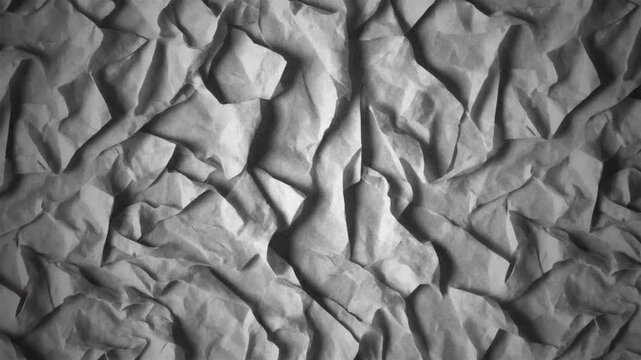Crumpled and wrinkled white paper texture animation loop with dramatic, high-contrast organic shadows and deep artistic shades across the creased surface