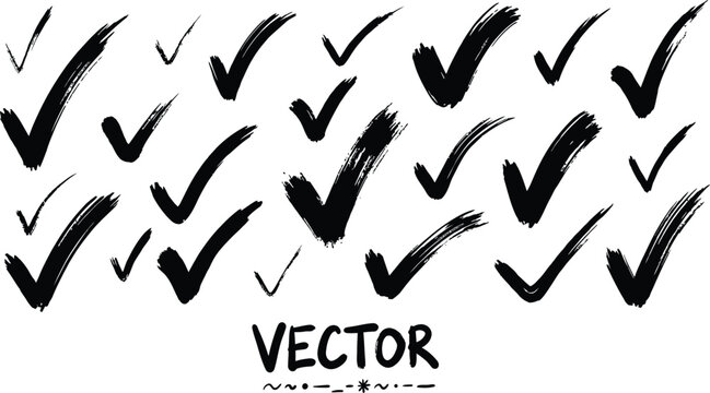 Collection of hand drawn black check mark vector icons for task completion