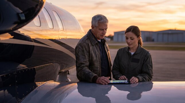 Pilot training, Pilot and trainee flight planning at sunset
