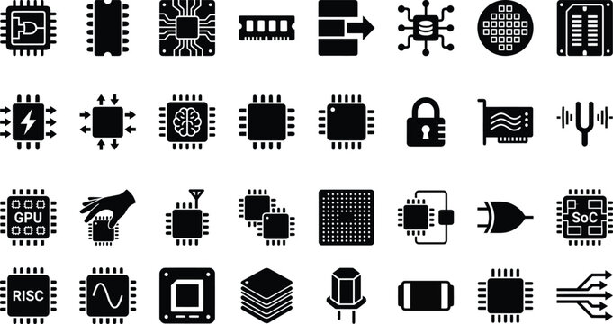 Semiconductor icons collection microchips processors and electronic component symbols