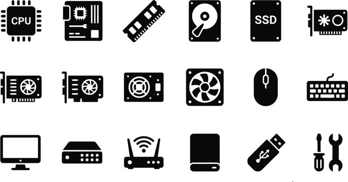 Computer hardware icons components for pc building and repair