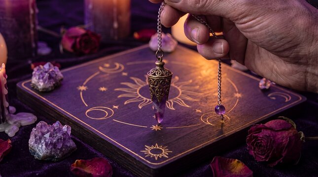 pendulum divination dowsing crystal hand astrology esoteric spiritual mysticism ritual Amethyst pendulum moves above a celestial board for intuition guidance services and occult practice concepts