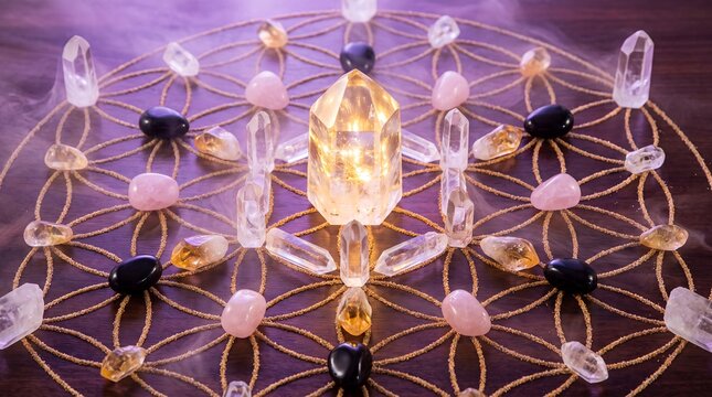 crystal grid healing energy quartz gemstones sacred geometry spirituality meditation Symmetrical stones surround a luminous centerpiece for reiki wellness manifestation and holistic balance concepts