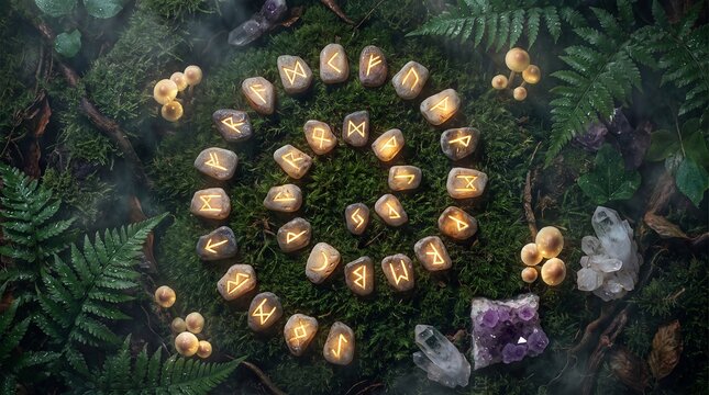runes stones forest crystals magic symbols moss occult divination mystical Glowing carved tokens form a woodland arrangement for oracle readings fantasy games spiritual branding and folklore stories