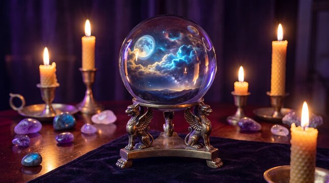 crystal ball scrying fortune divination candles moon mystic occult prophecy A luminous sphere rests among gemstones for psychic readings spiritual services magical events and mysterious branding