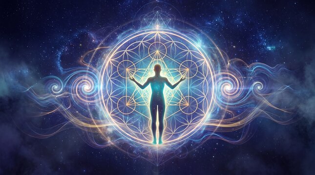 sacred geometry meditation energy aura spiritual awakening cosmos silhouette balance Radiant human form aligns with celestial patterns and flowing light for wellness branding and consciousness themes