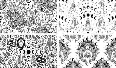 Mystical bohemian seamless pattern bundle featuring yoga women celestial moon phases magic crystals snakes and mushrooms line art © MdShoriful