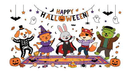 Fototapeta premium Happy Halloween Friends: A group of adorable cartoon animals dressed in festive Halloween costumes dance joyfully under a Happy Halloween! banner, surrounded by pumpkins, bats.
