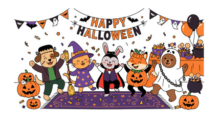 Fototapeta premium Halloween Animal Party: Adorable cartoon animals dressed in festive Halloween costumes, including Frankenstein, a witch, a vampire, and a ghost, celebrate together at a lively party with pumpkins.