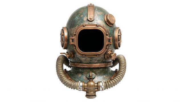 Vintage deep sea diving helmet. Antique brass scuba gear isolated on white background.