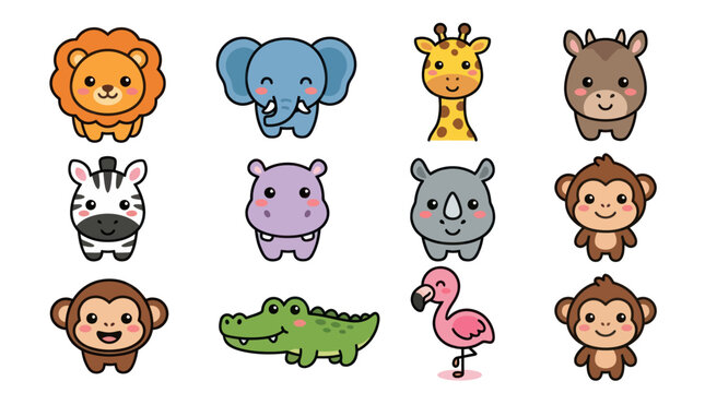 Adorable baby safari animal face icon collection.
