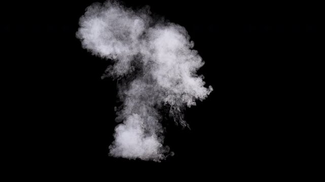 White smoke explosion with sparks on black background. Realistic smoke bomb blast with fiery sparks. Fast smoke detonation with glowing embers