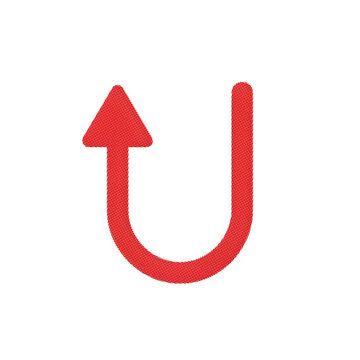 Halftone Red U-turn arrow symbol isolated, indicating a complete reversal of direction.
