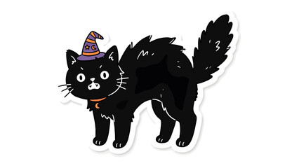 Halloween Black Cat: A cute black cat wearing a witch's hat and collar stands with its fur fluffed up in a startled pose, perfect for spooky Halloween decorations and designs. © Azizun