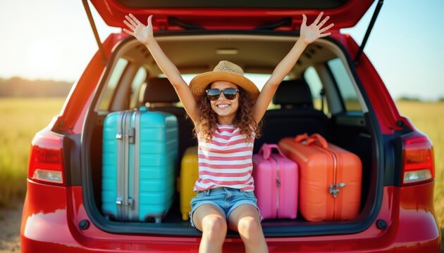 Happy girl sits in open trunk of red car with colorful luggage. Child wears straw hat sunglasses, smiles during summer road trip. Young traveler ready for family vacation adventure. Little kid enjoys