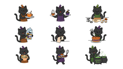 Obraz premium Halloween Cat Cooking Collection: A set of adorable black cat illustrations dressed in witch hats and aprons, engaging in various Halloween-themed baking and cooking activities.