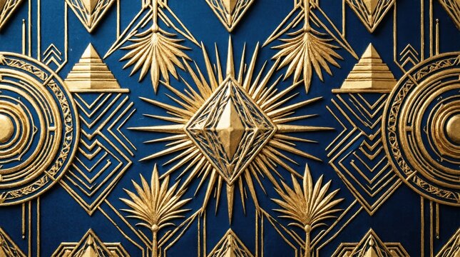 Luxurious 3D Art Deco seamless pattern with embossed golden sunbursts, diamonds, pyramids and palm motifs on a deep royal blue background
