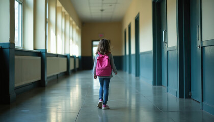 Obraz premium Young girl with pink backpack walks alone down empty school hallway. She moves away from camera towards distant doorway. Natural light streams through large windows illuminating interior.