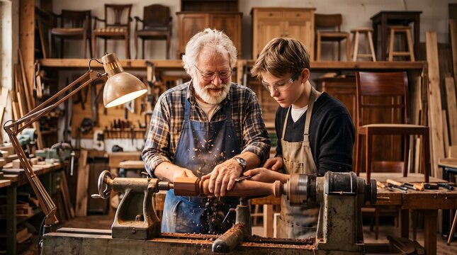 Senior carpenter mentoring his teenage grandson on a woodturning lathe in a workshop.