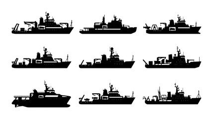 Naval Ship Silhouettes Collection, Military Vessel Icons, Maritime Fleet Vector Set, Sea Warfare Craft Graphics © Priyo