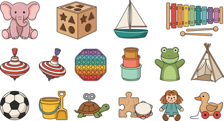 Cute Kids Toys Collection Featuring Elephant Sailboat Xylophone Building Blocks Pop It Doll Ball Turtle Sandbox and Educational Play Illustrations © sumi