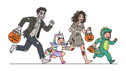 Halloween Family Fun: A family dressed in spooky yet adorable costumes, including a zombie, a unicorn, and a dinosaur, joyfully runs through the night, collecting candy in their trick-or-treat bags.