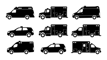 Emergency Vehicle Icons Set, Ambulance and Police Car Silhouettes, Medical Transport Vector Graphics © Priyo
