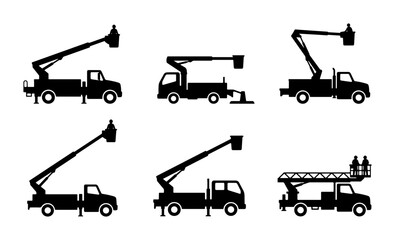 Aerial Lift Truck Icons, Cherry Picker Silhouettes, Bucket Truck Vector Set, Industrial Vehicle Graphics © Priyo
