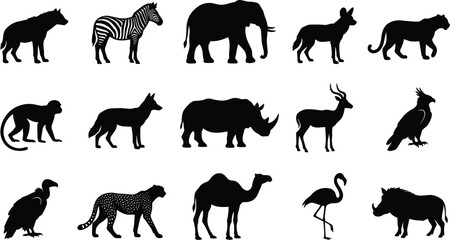 Wild animal silhouette collection featuring elephant, zebra, lion, leopard, rhinoceros, camel, flamingo, eagle, monkey and more vector icon set © mdhusne