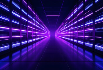 Abstract dark data center server texture with electric violet light streaks receding in one-point perspective, futuristic technology background