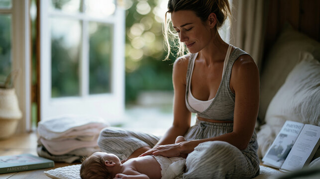 New parent on parental leave seated cross-legged on a nursery floor changing a newborn on a mat, sleep-deprived but smiling softly, a stack of burp cloths and a half-read