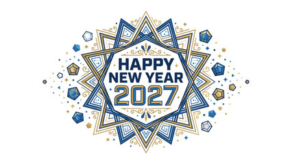 Happy New Year 2027 Festive Design: A stylized, geometric starburst design in blue and gold frames the greeting HAPPY NEW YEAR 2027, adorned with 3D geometric shapes and small dots.