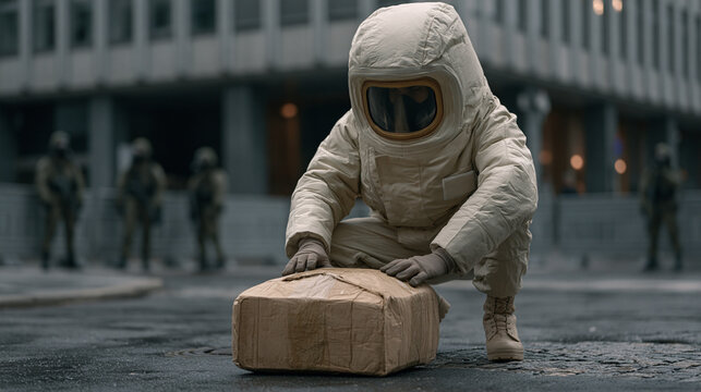 A bomb disposal technician in full protective gear crouches over a suspicious package on wet asphalt outside a civic building on an overcast October afternoon, colleagues