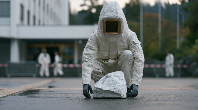 A bomb disposal technician in full protective gear crouches over a suspicious package on wet asphalt outside a civic building on an overcast October afternoon, colleagues