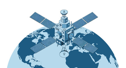 Satellite Orbiting Earth in Flat Blue Vector Illustration © Wa