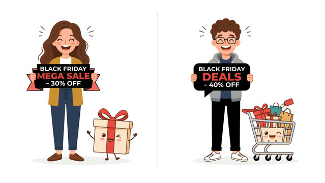 Black Friday Savings Duo: A cheerful woman and a happy man hold signs promoting Black Friday mega sale and deals, with a gift box and shopping cart full of presents beside them.